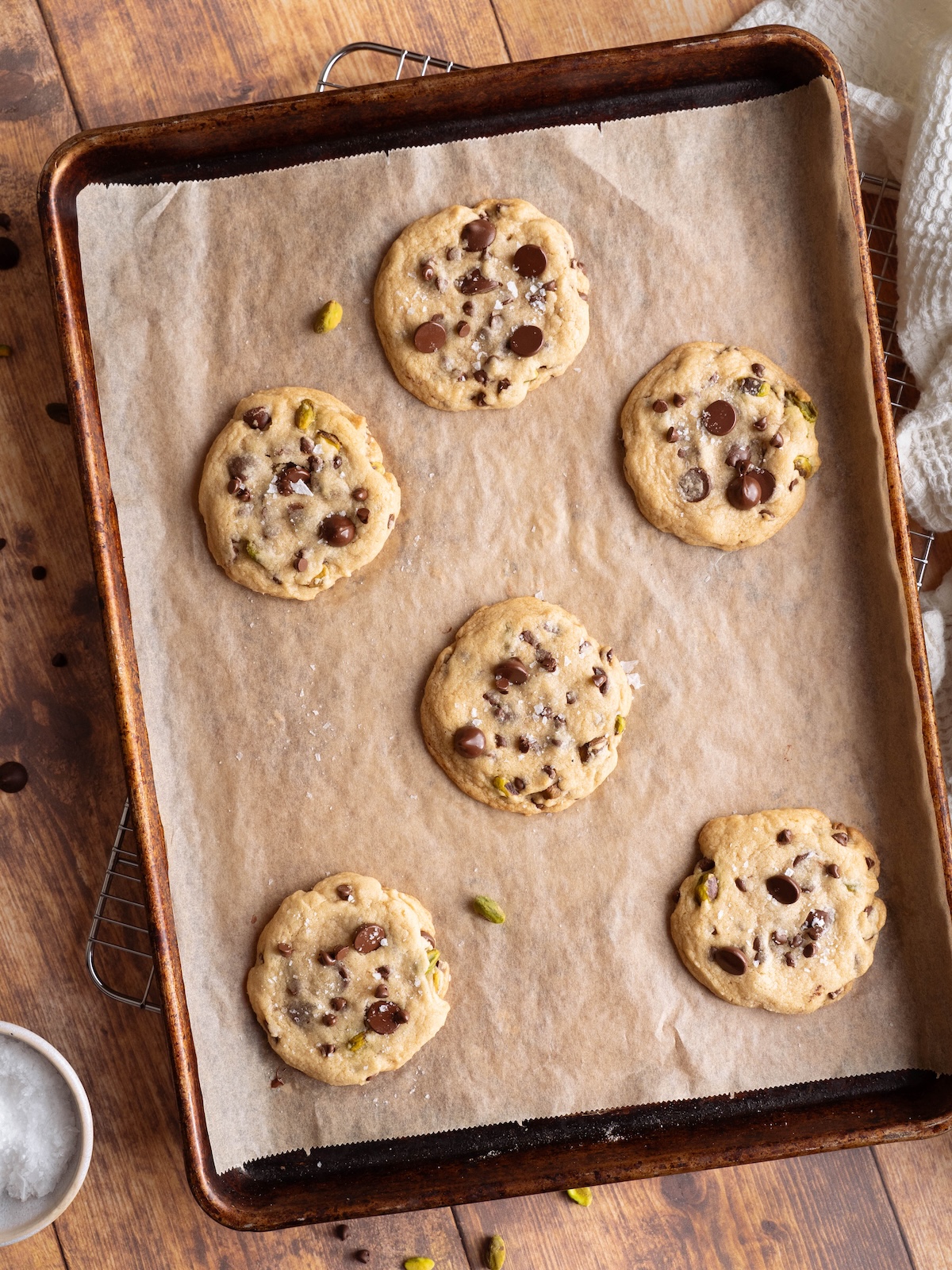Salted pistachio chocolate chip cookies after baking