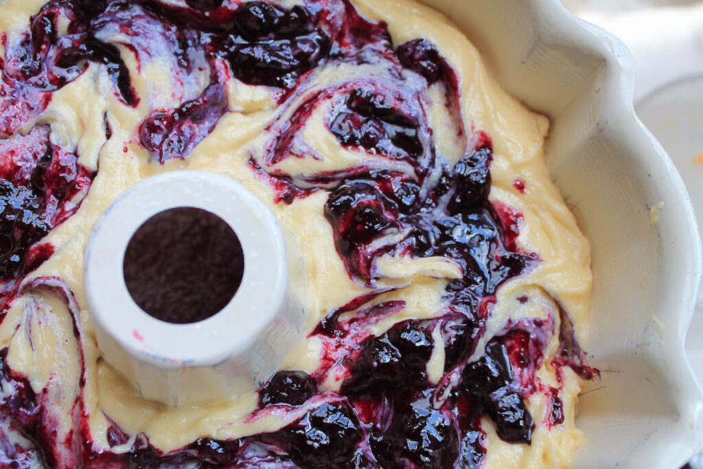 Blueberry swirl cake before baking