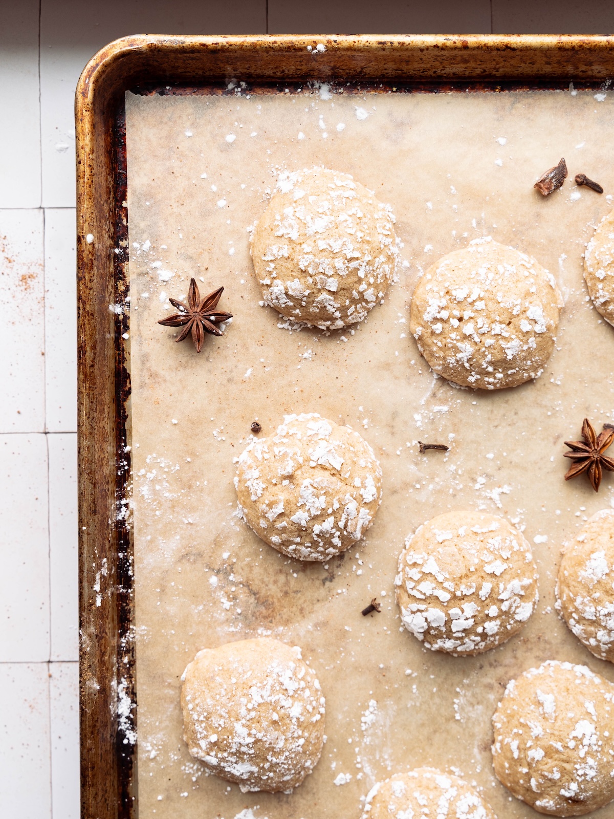 Soft chai cookies on a baking sheet