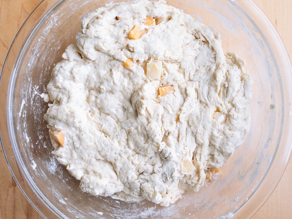 The shaggy look of sourdough bread dough before you build the gluten