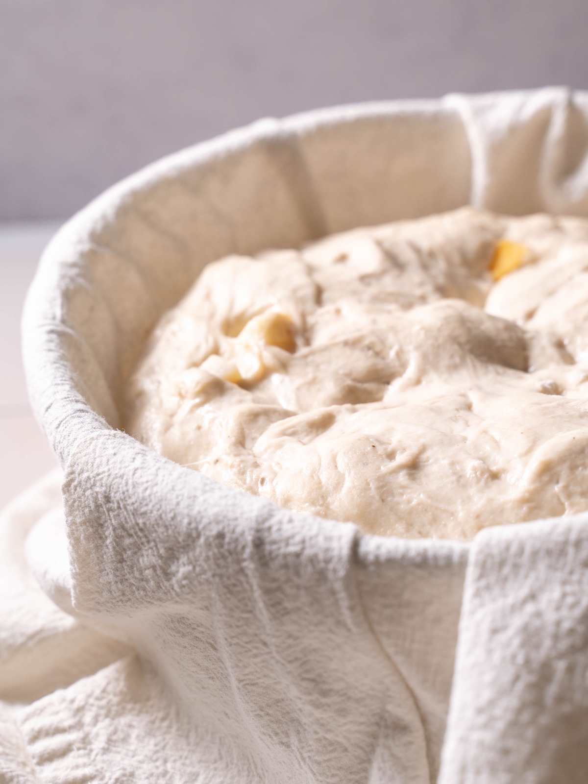 Cheesy sourdough bread perfectly proofed and ready to bake