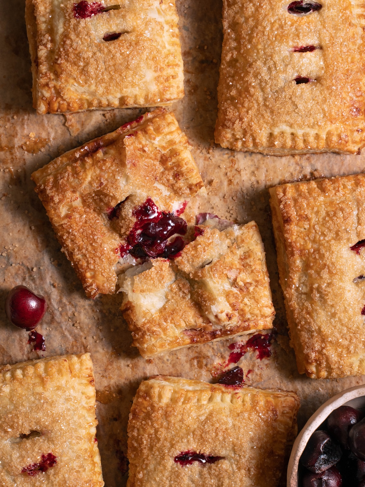Close up view of cherry hand pies to show texture