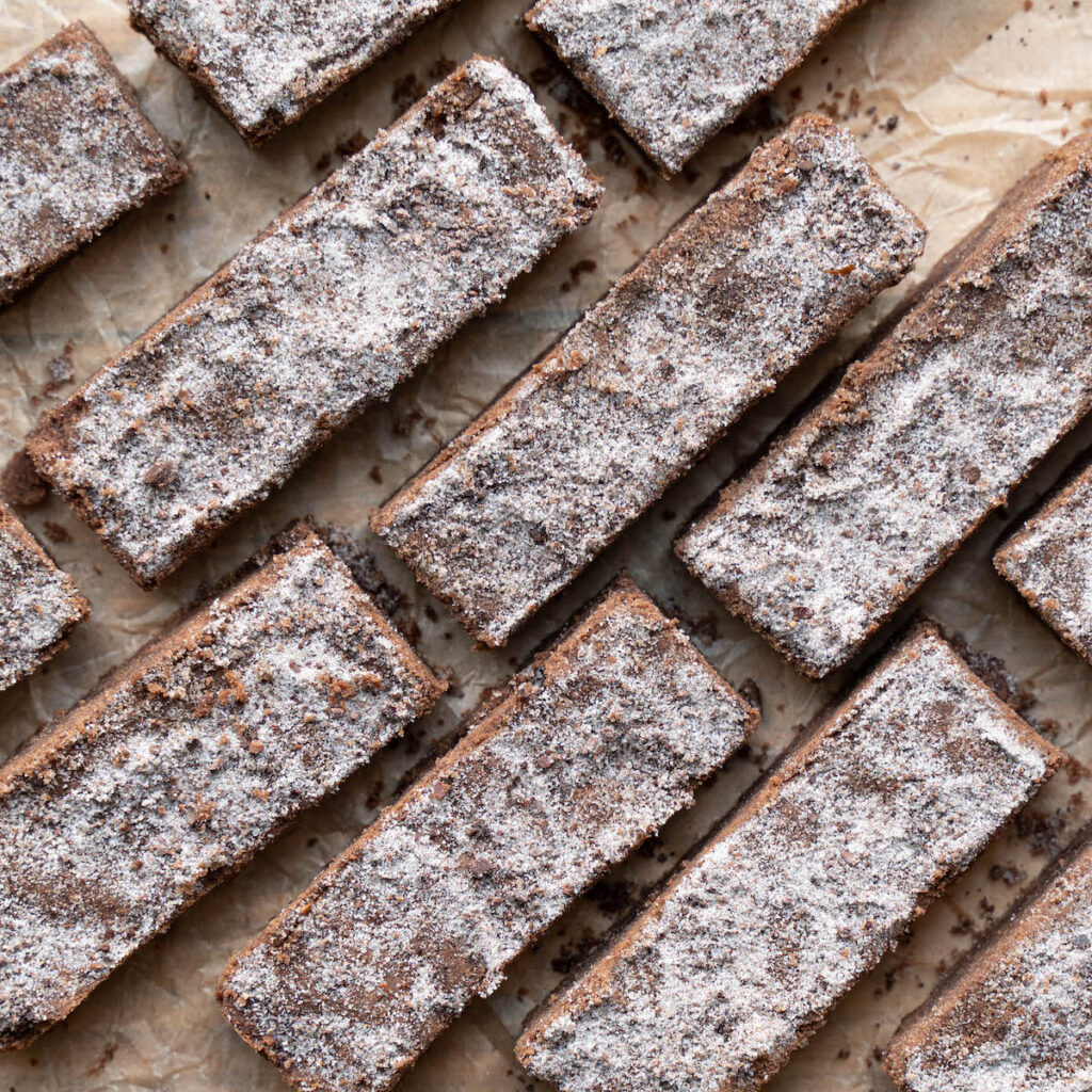 Chocolate shortbread cookies sliced into fingers