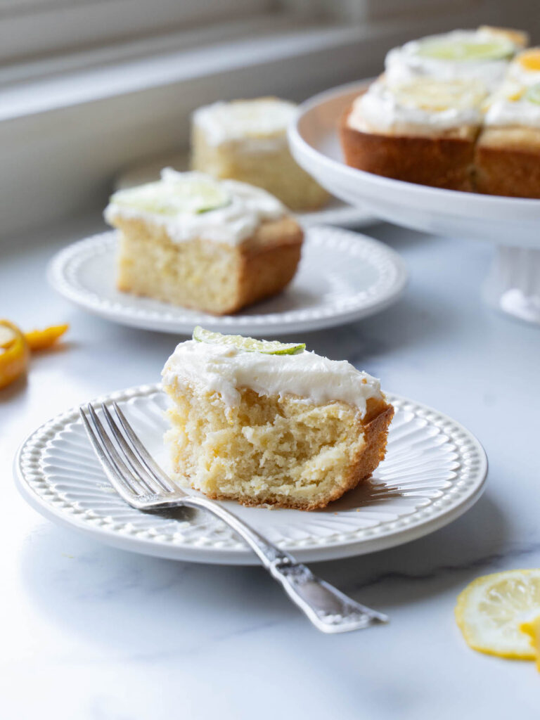 A piece of citrus cake on a plate