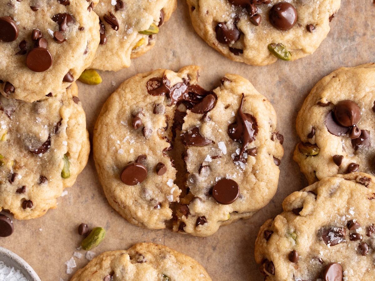 Closeup view of gooey chocolate chip cookies fresh out of the oven