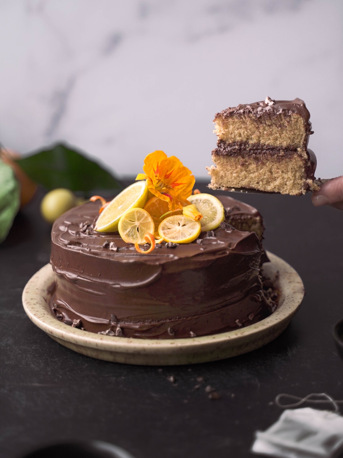 Removing a slice from an earl grey tea cake