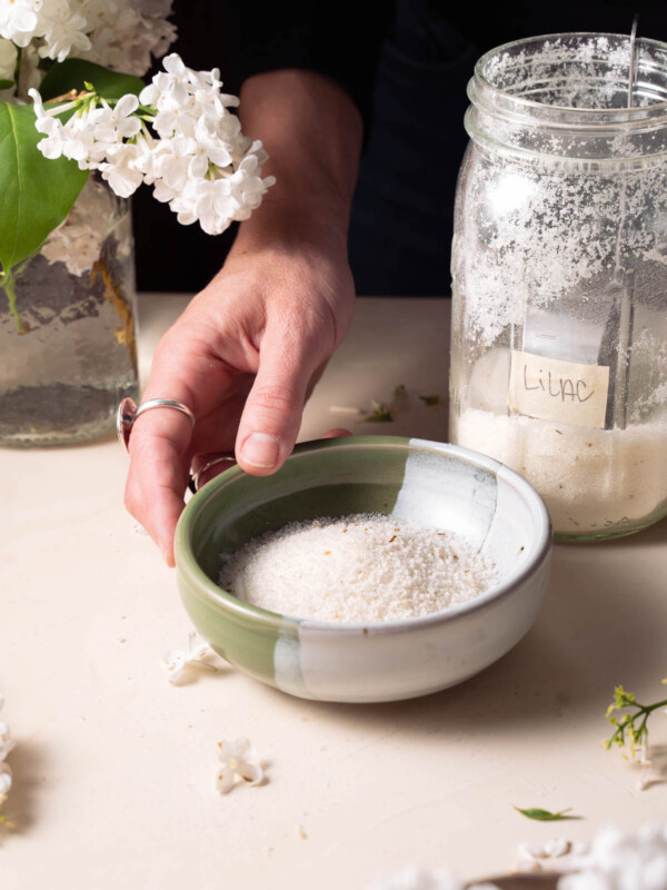 A bowl of lilac sugar