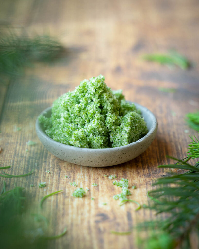 A small bowl of fir tip sugar