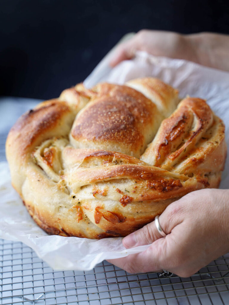 Garlic herb sourdough bread fresh out of the oven
