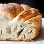 Closeup of the interior texture of garlic herb sourdough bread