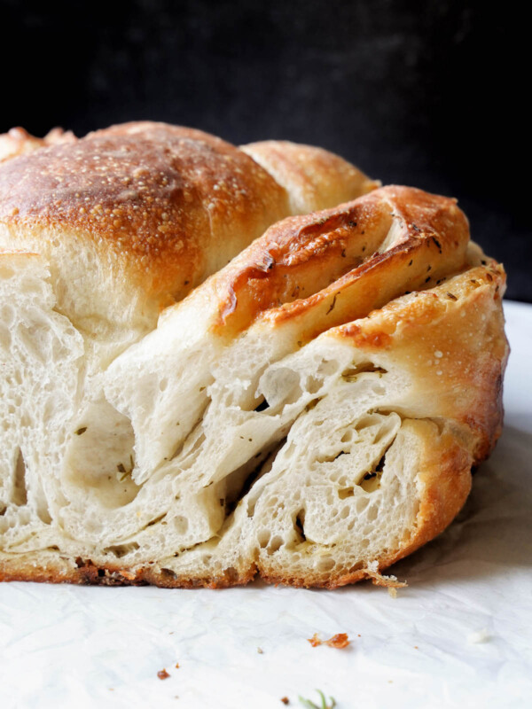 Closeup of the interior texture of garlic herb sourdough bread