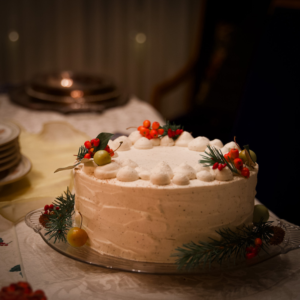 Gingerbread Latte Cake on a festive holiday table