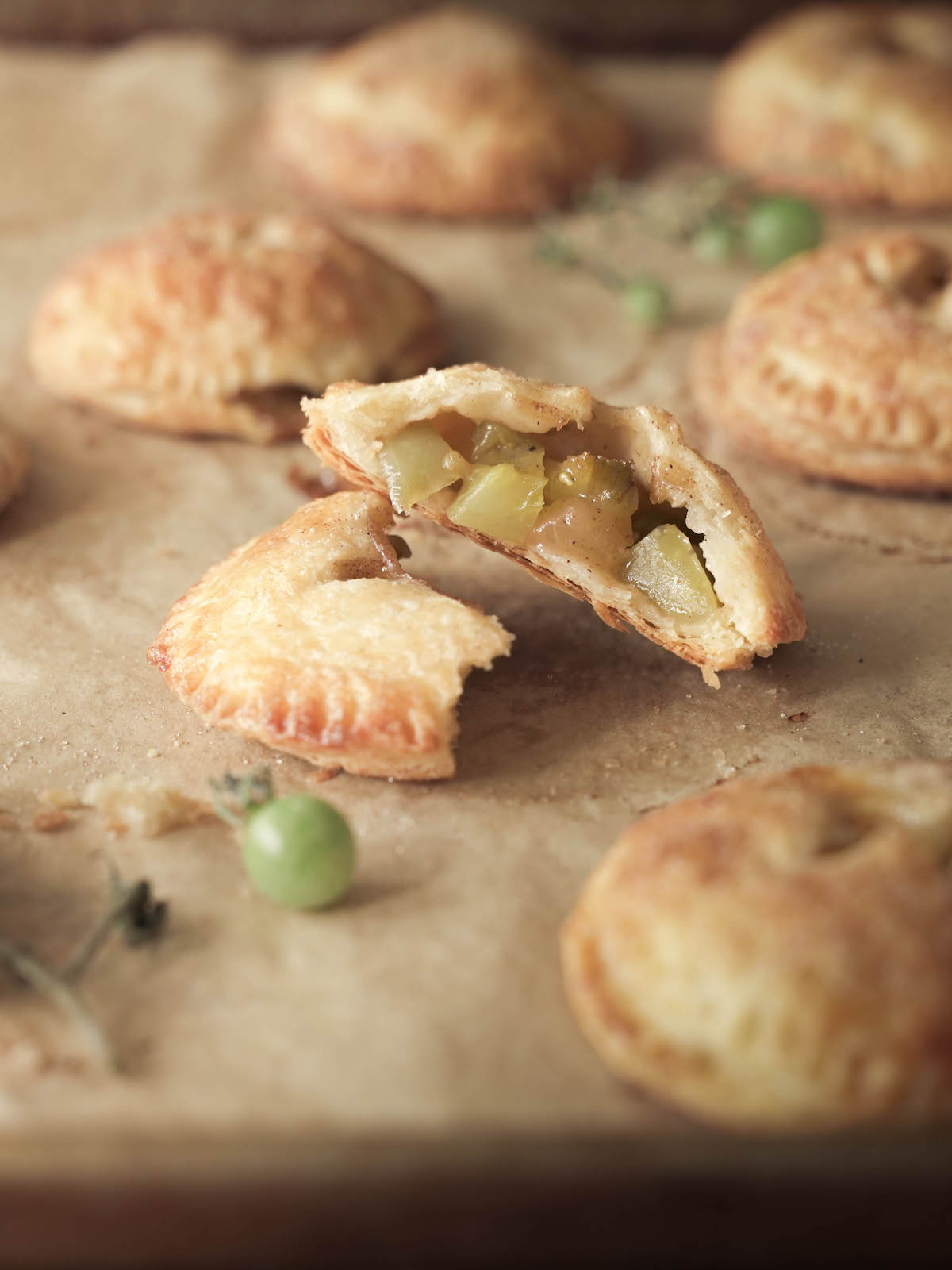 A green tomato hand pie broken open to show inside