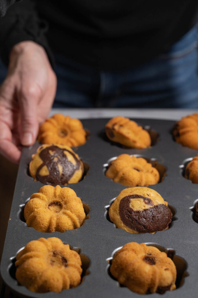 Pumpkin chocolate bundt cakes after baking