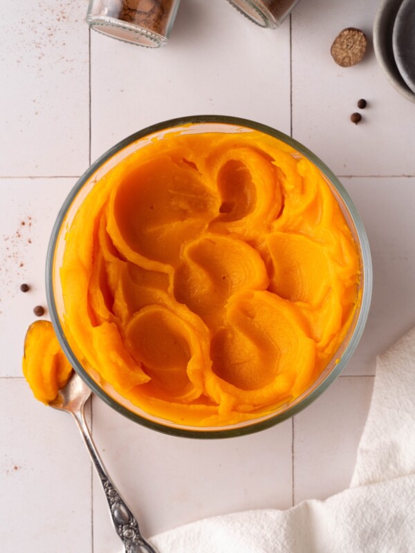 A bowl of homemade pumpkin puree