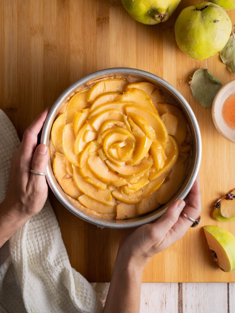 A poached quince spice cake fresh out of the oven