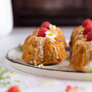 Close up of mini raspberry chamomile cakes