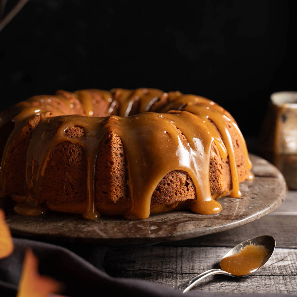A butternut squash cake glazed in spiced toffee sauce
