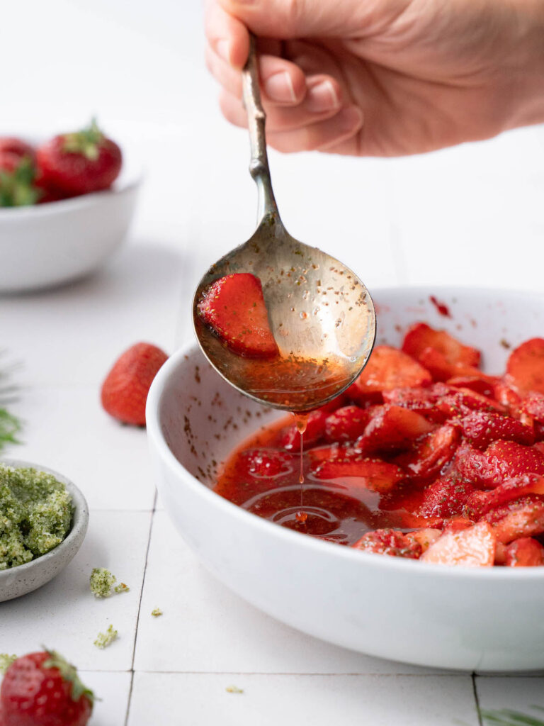 Macerated strawberries dripping with syrup