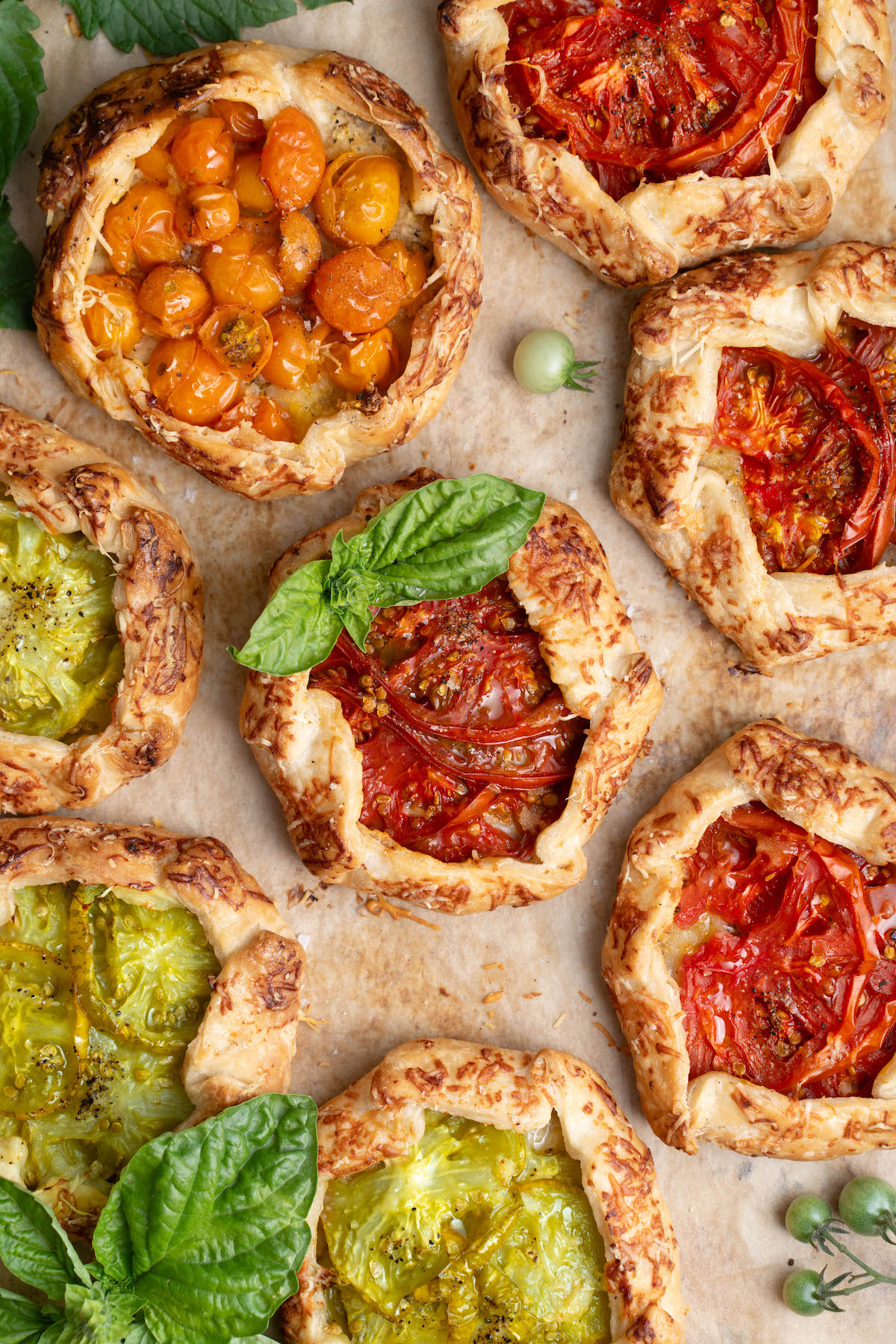 Colorful heirloom tomato galettes