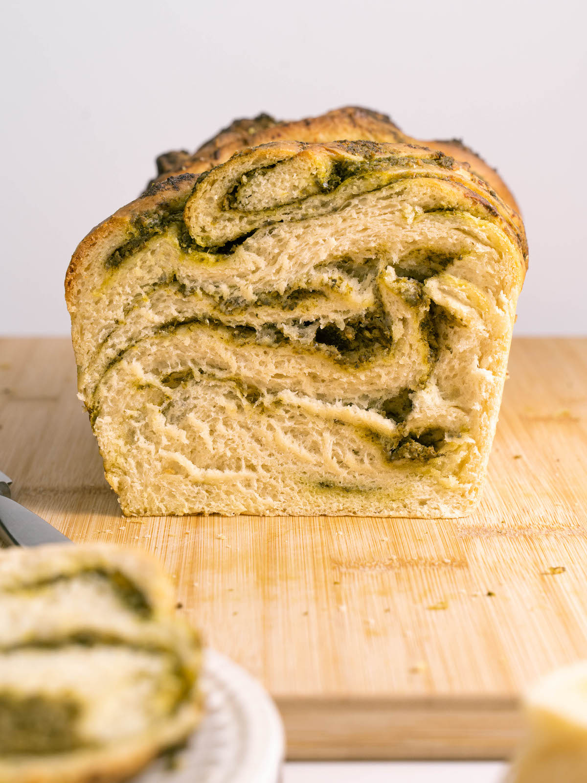 Nettle pesto swirl bread, cut in half to show inside