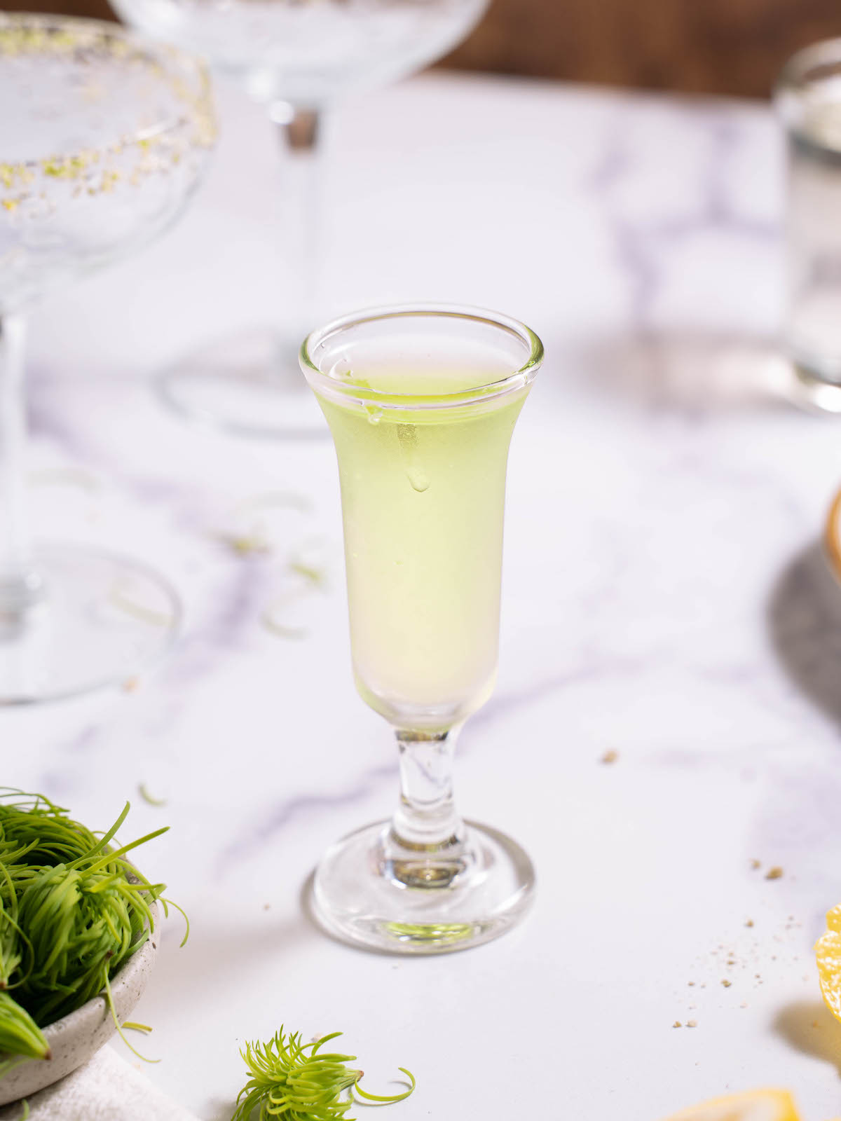 An icy cold shot of fir tip vodka