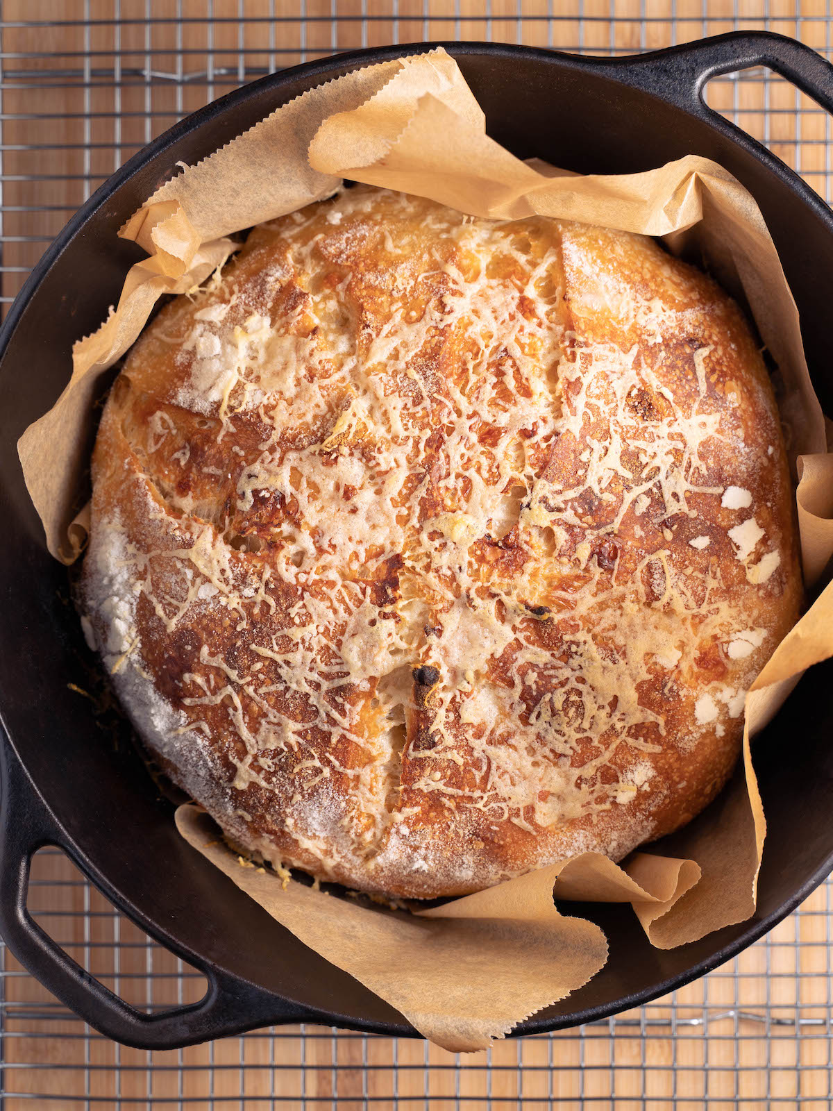 Freshly baked garlic parmesan sourdough bread