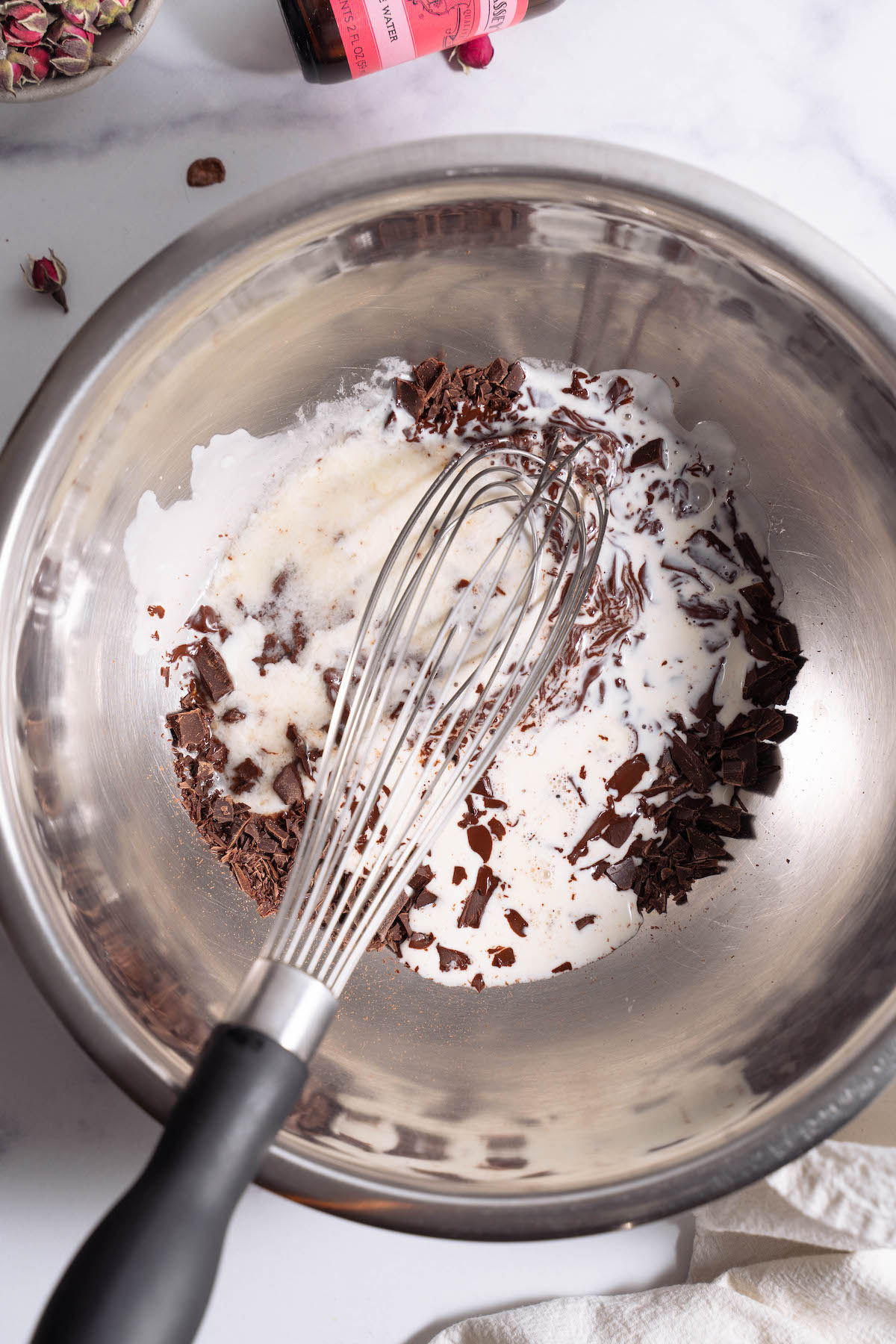 Making chocolate rosewater ganache
