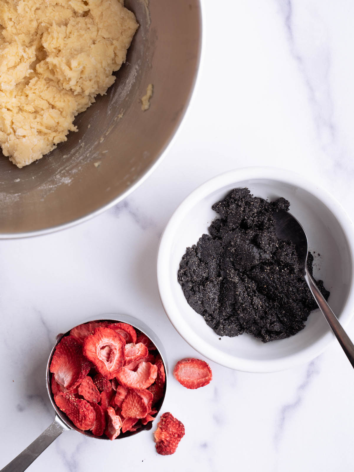 Cookie dough, black sesame paste, and freeze dried strawberries
