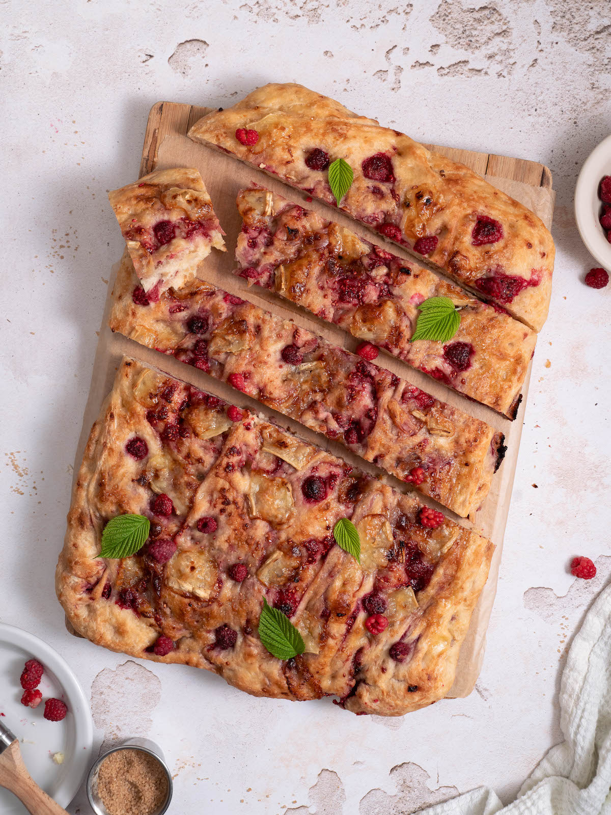 Freshly baked raspberry brie focaccia bread