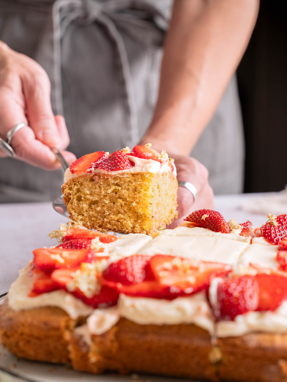 Serving up a slice of strawberry elderflower cake