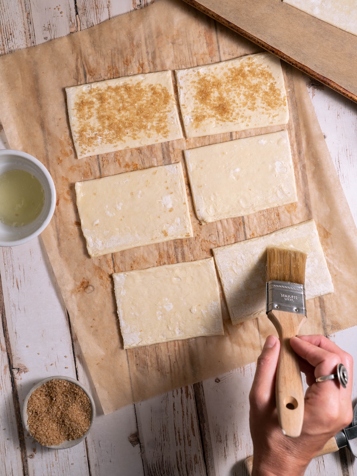 Brushing puff pastry with egg wash