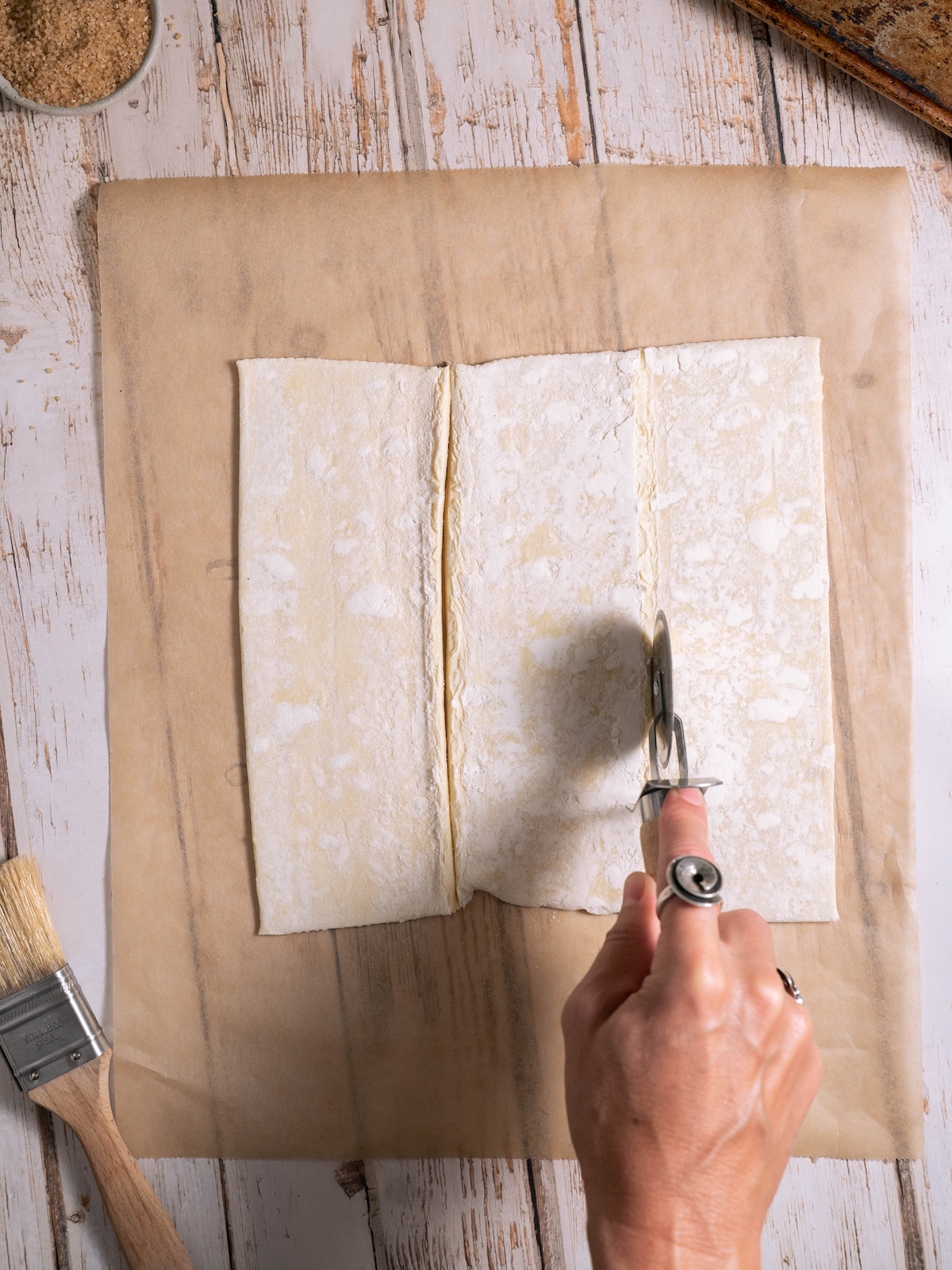 Slicing puff pastry into rectangles