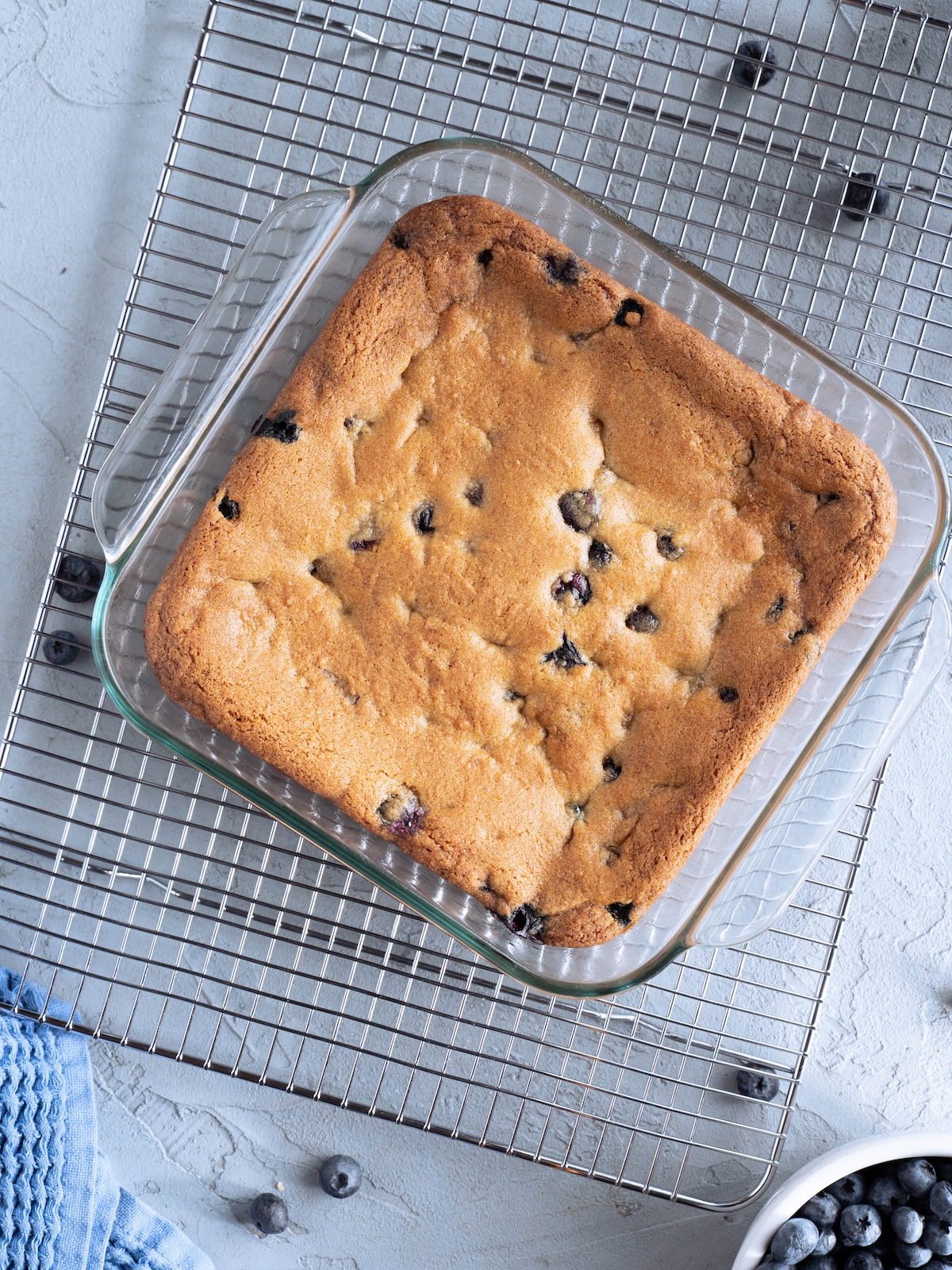 Lemon blueberry blondies fresh out of the oven