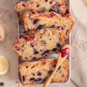 Slices of wild huckleberry cake laid out on a platter