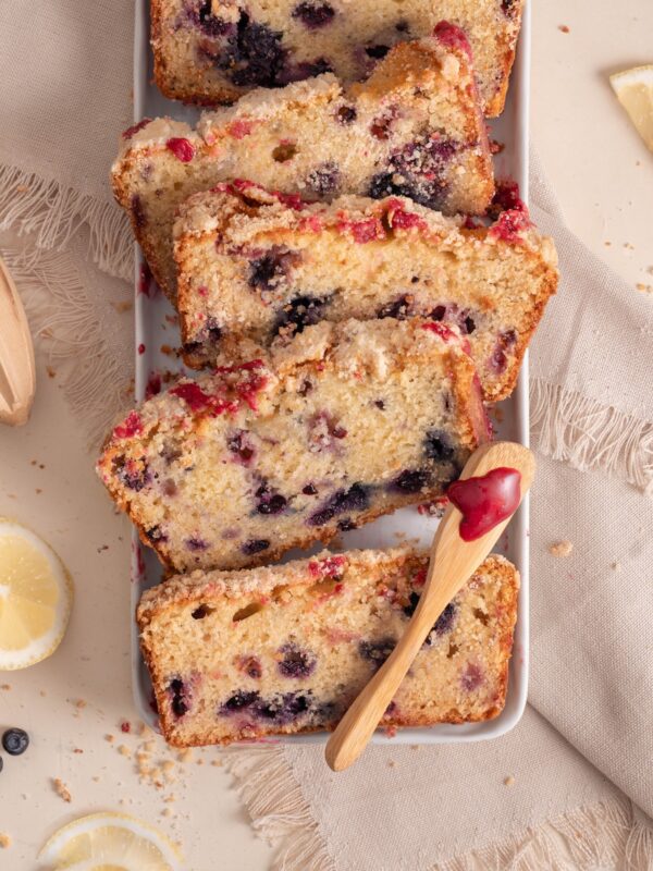 Slices of wild huckleberry cake laid out on a platter