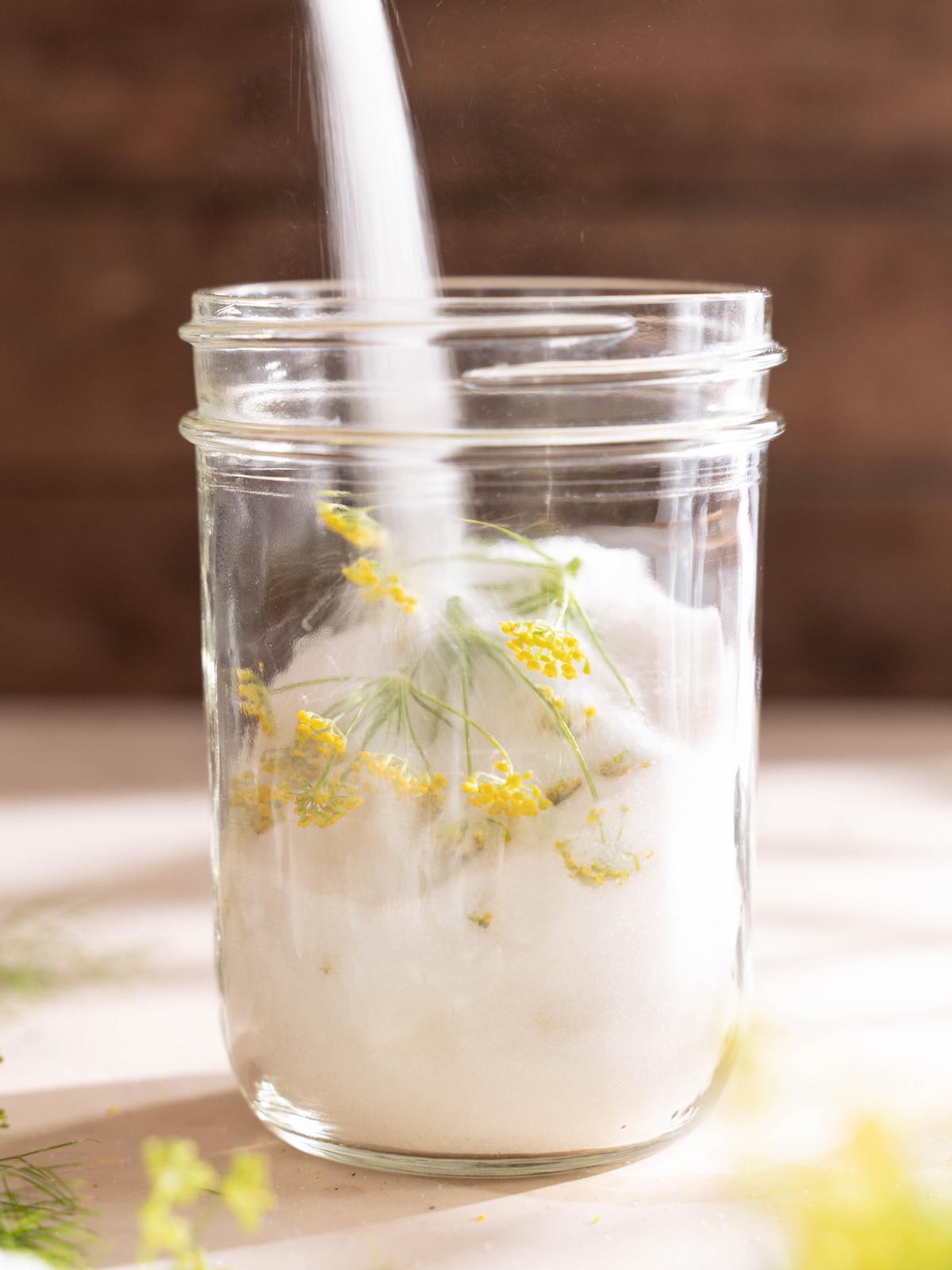 Pouring sugar on top of fresh fennel flowers