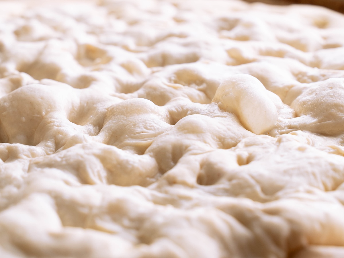 Close up texture and bubbles of proofed sourdough bread