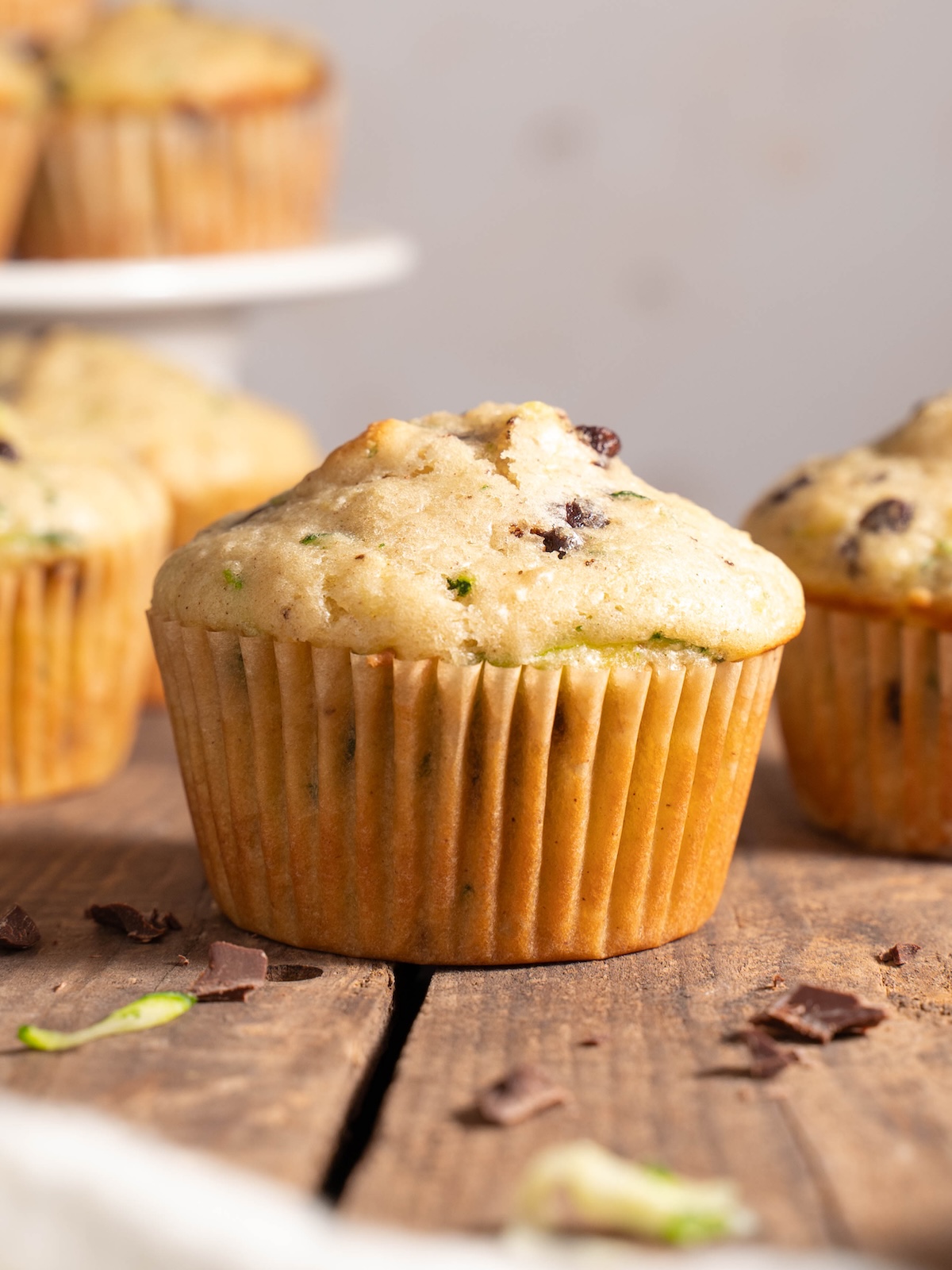 Close up look at a zucchini chocolate chip muffin