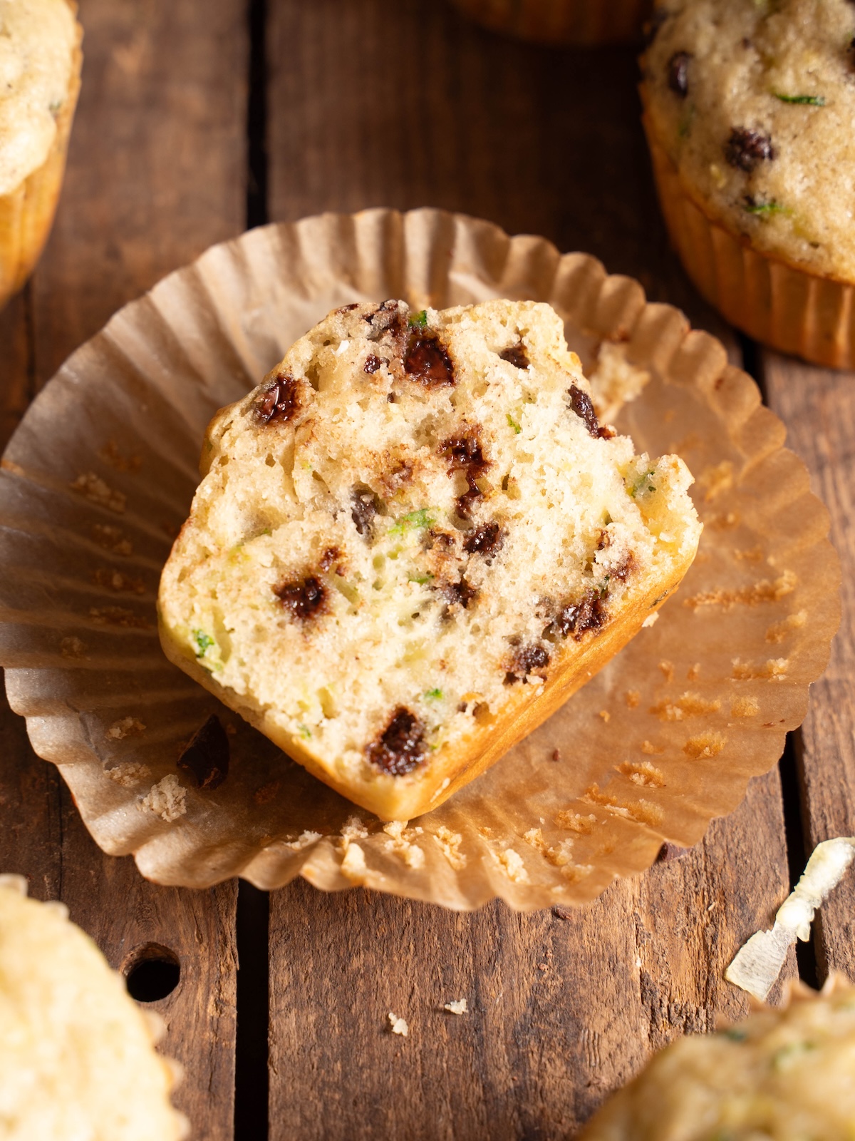 Sourdough zucchini chocolate chip muffin, split in half