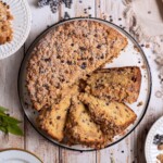 An elderberry coffee cake, cut into slices
