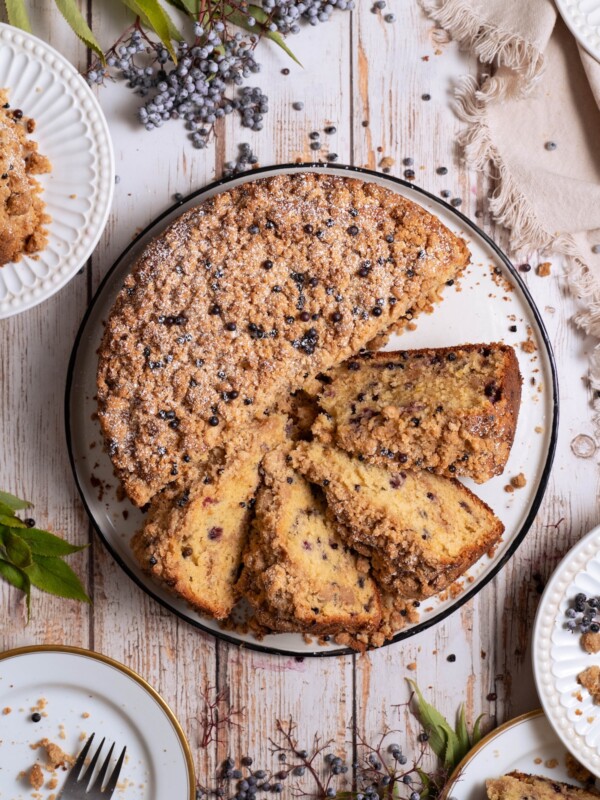 An elderberry coffee cake, cut into slices
