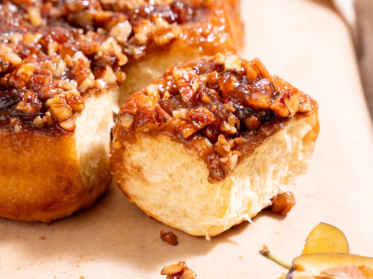 The soft interior and crunchy nutty top of a homemade sticky bun