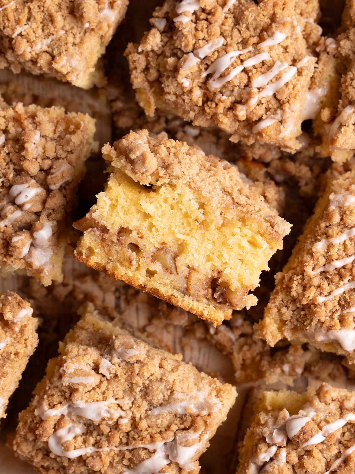 Closeup look at the interior of an apple cinnamon coffee cake