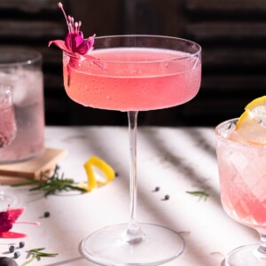 An elderberry rosemary sour in a large cocktail glass