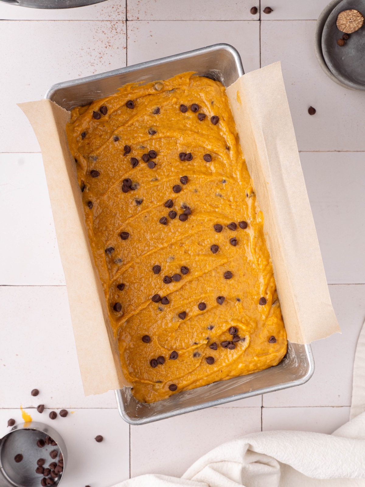 Chocolate chip pumpkin bread before baking
