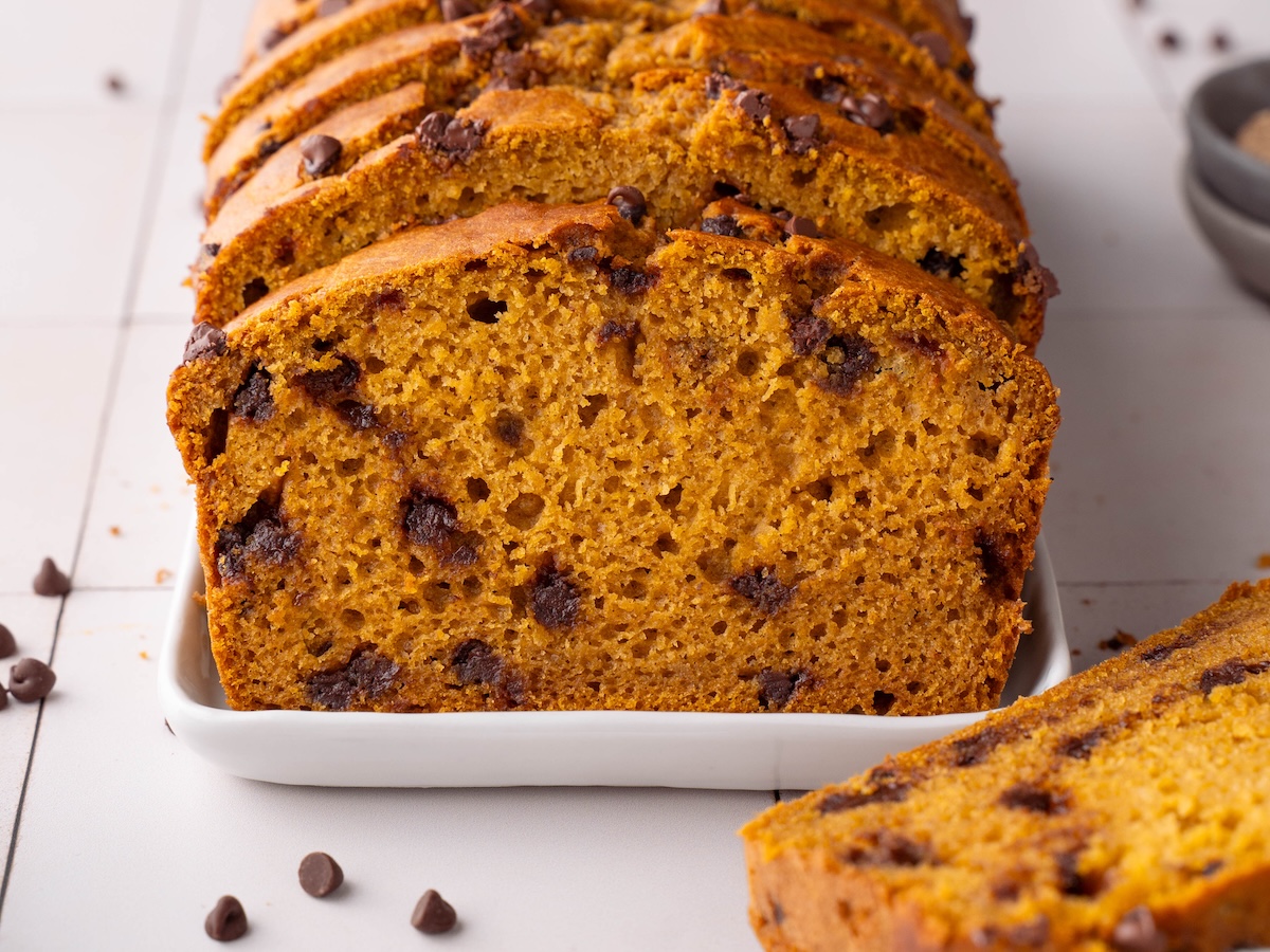 Close up look at a slice of sourdough pumpkin bread