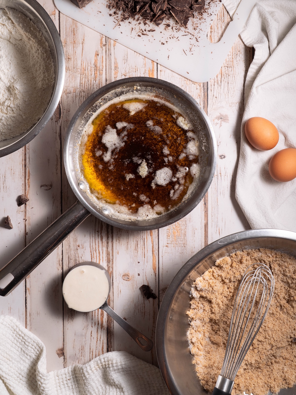 The ingredients needed for brown butter sourdough chocolate chip cookies