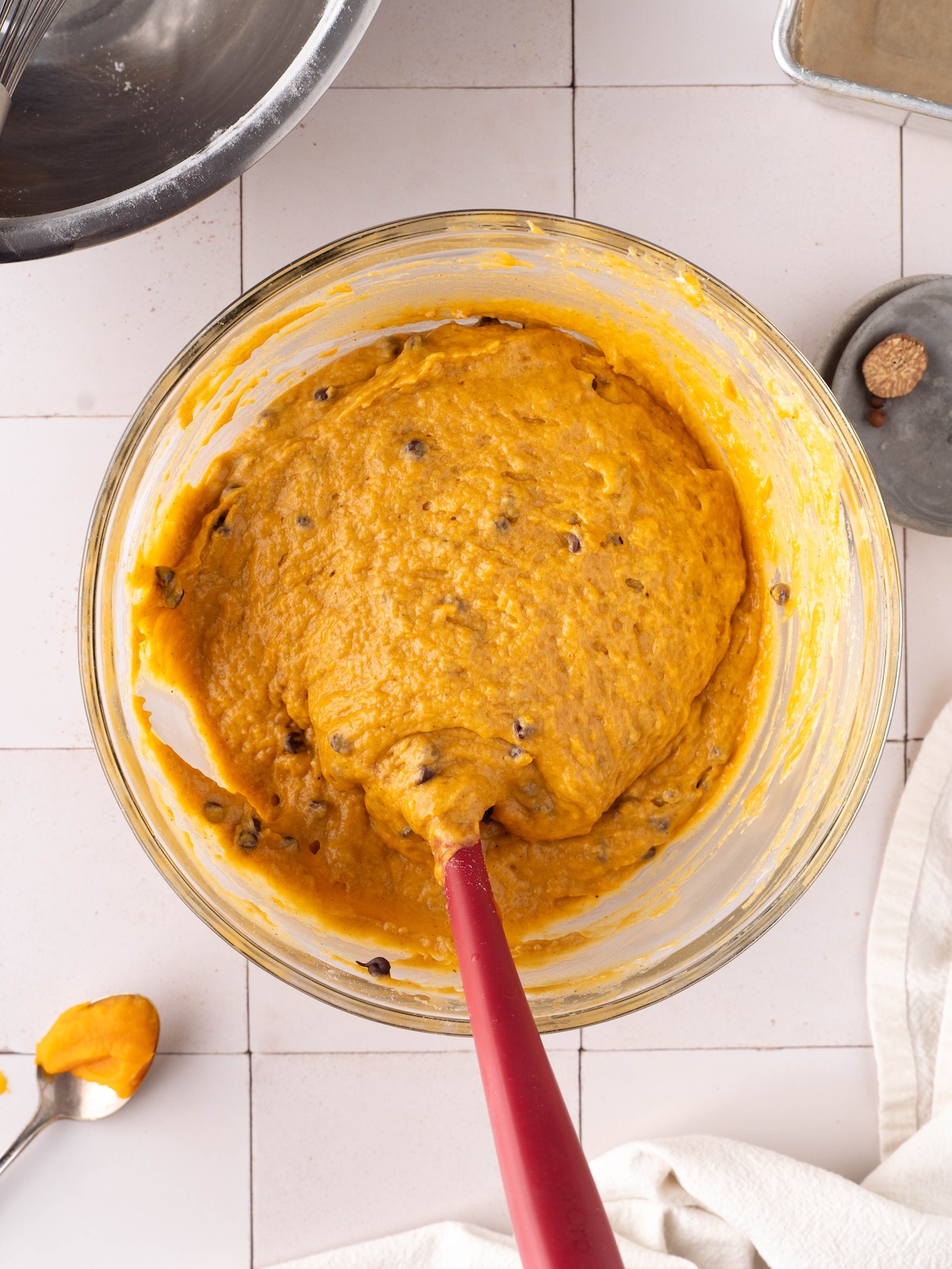 Sourdough pumpkin bread batter mixed in a bowl