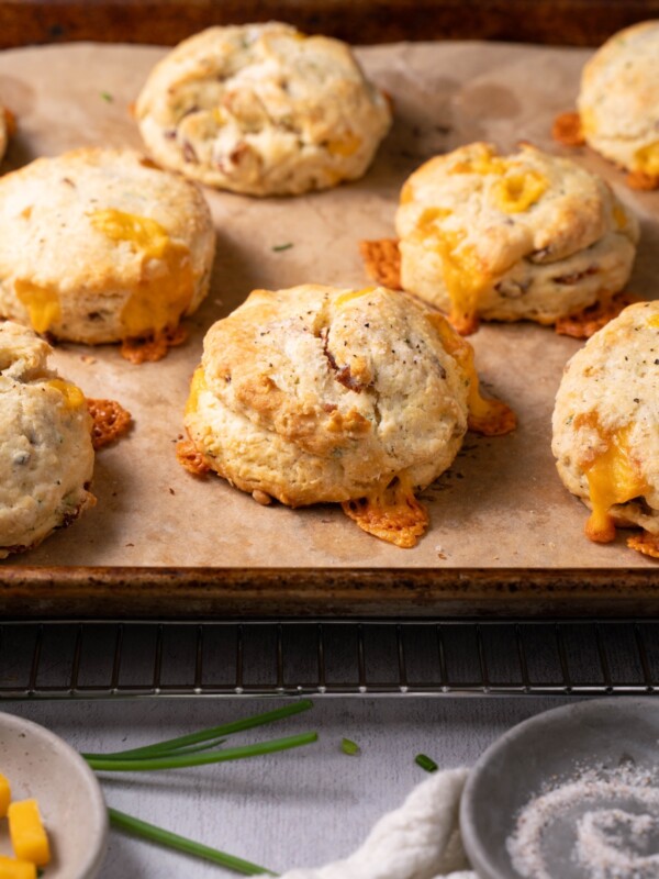 Savory sourdough scones on a baking sheet